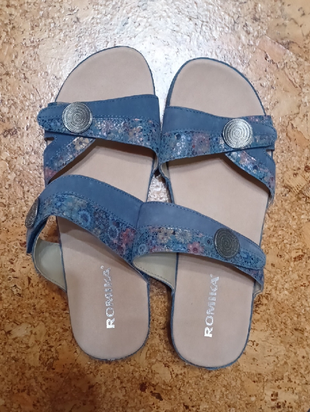 Romika Women's Blue Floral Leather Adjustable Strap Sandals Size 10.5